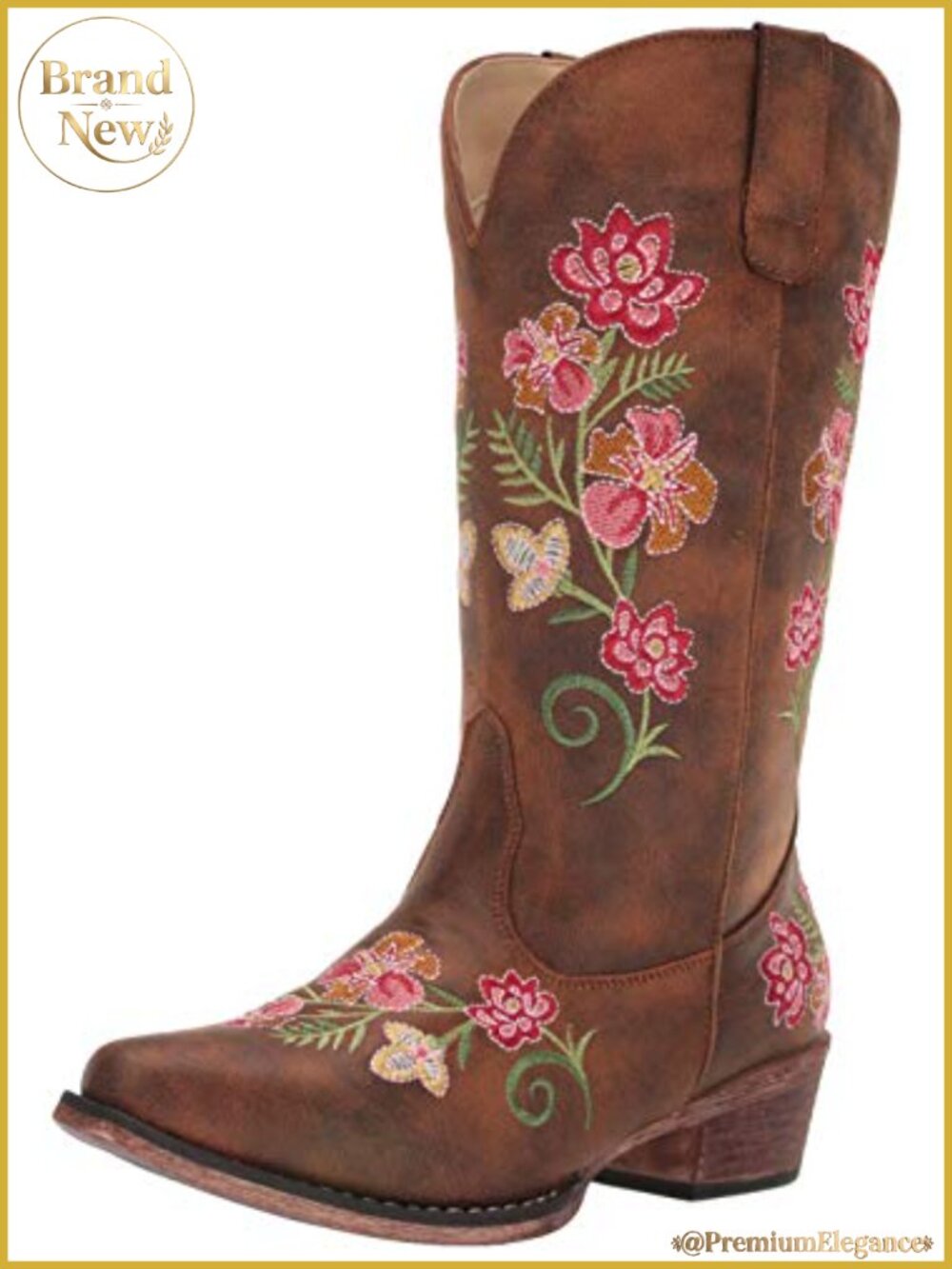 Riley Floral Embroidered Faux Leather Pointed Toe Equestrian Boot